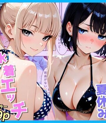 【エロ漫画raw】クラスの夏休みに巨乳ギャル2人と海辺の別荘で水着セックス(d_809589)